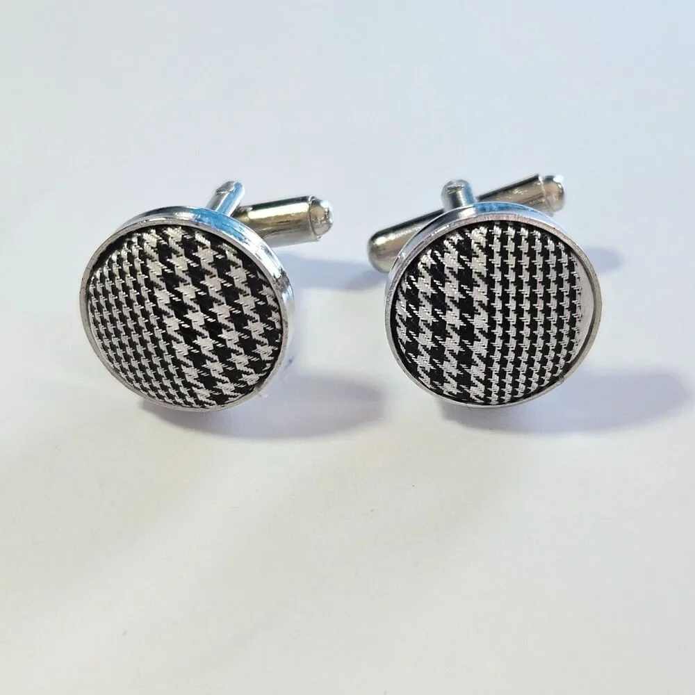 Men's Black and White Checkered Fabric Cufflinks Vintage Silver Tone